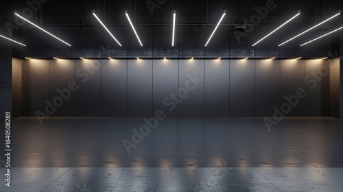 Modern garage interior, illuminated, empty, concrete floor, neon lights, product display