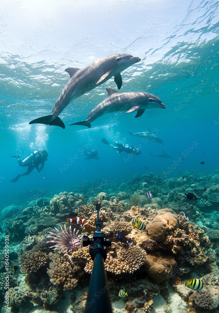 Obraz premium Underwater Scene with Dolphins and Coral Reef Featuring Scuba Diver in Clear Blue Water