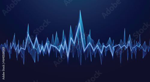 Futuristic glowing sound wave or frequency graph with polygonal low poly lines on dark background. Digital audio visualization, abstract data chart, or pulse waveform. vector eps10