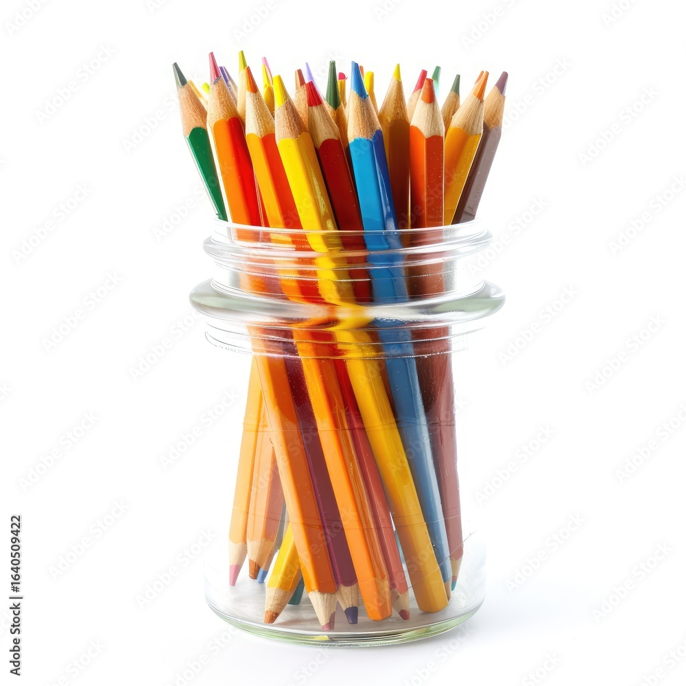 Fototapeta premium Colored pencils in a clear glass jar