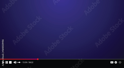 Modern video player interface with controls and progress bar on a blank dark background. Concept for streaming, media, and digital content. Vector EPS10.