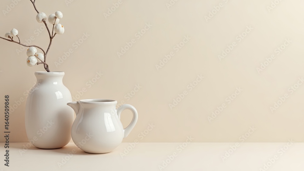 Fototapeta premium Two elegant white ceramic vases and a pitcher with a minimalist arrangement.