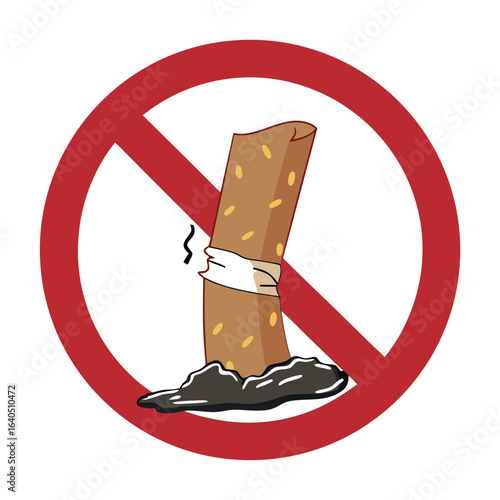 Isolated illustration of tobacco cigarette butts extinguished with ashes, cigarette butts extinguished with ashes and red circle crossed out restriction sign for no smoking area template
