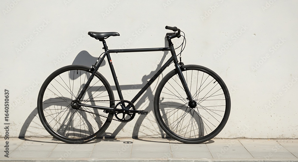 Fototapeta premium A minimalist black single-speed bicycle parked against a textured white urban wall, casting a distinct shadow in the bright sunlight.