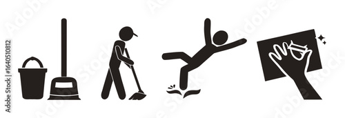 Isolated pictogram cleaning and janitor, for safety sign cleaning in progress, janitor, slippery when wet, caution wet floor, fall hazard and clean after use
