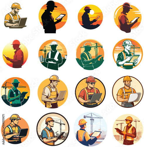 Construction Worker Icons Set Engineer Using Laptop and Tablet at Construction Site Silhouette
