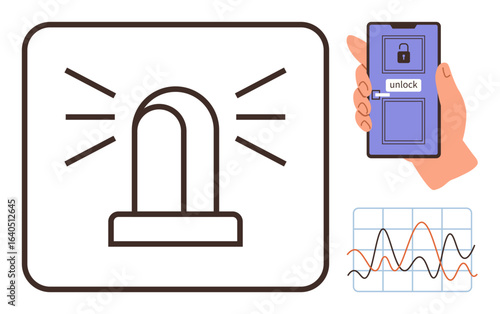 Hand holding smartphone with unlock screen, alert siren with warning lines, and graph with fluctuating lines. Ideal for security, data, app management, monitoring systems, emergency, alerts
