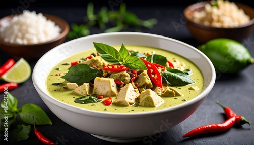Creamy green curry with tofu, garnished with basil and chili, served with rice