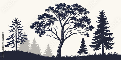 Minimalist Vector Silhouette Landscape of Mixed Deciduous and Coniferous Trees