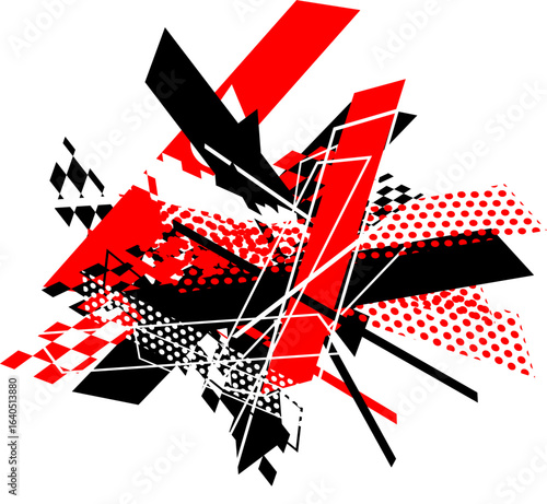 Abstract composition with red, black, and white geometric shapes