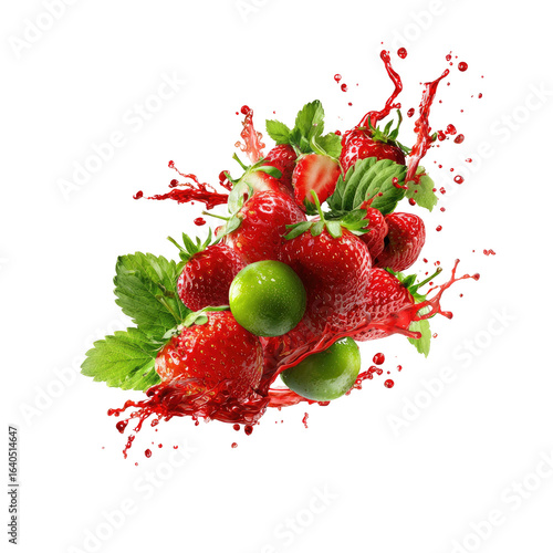 Fresh strawberries and lime in a vibrant juice splash