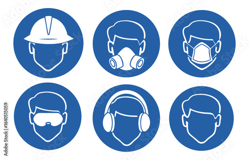 Bundle isolated blue circle head protection sign, helmet, google, ears cup, mask, respirator mandatory
