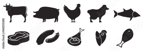 Bundle set pictogram icon of meats and animals, cow, pig, chickem, lamb, fish
