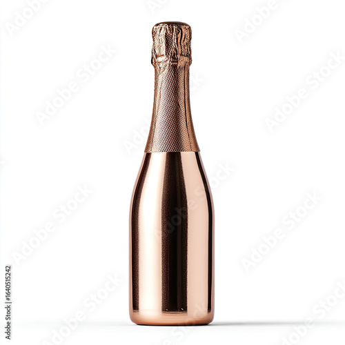 Rose gold champagne bottle with shiny metallic surface on white