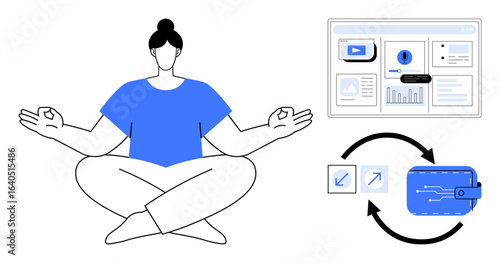 Woman practicing meditation alongside data dashboard, investment icons, and wallet cycle. Ideal for financial planning, digital economy, wealth balance, mindfulness, investing, productivity simple