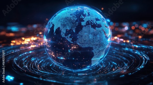 Glowing digital globe rotating in futuristic environment at night