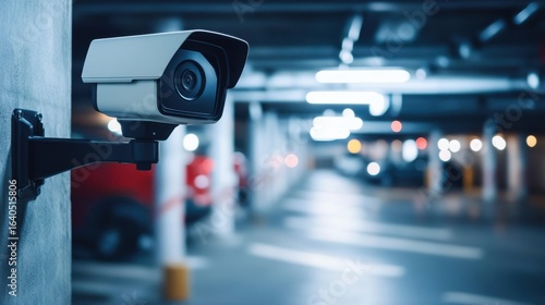 Security camera monitoring cars in underground parking garage at night