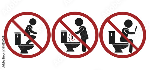 Bundle set of isolated prohibition rest room sign, do not sit squat on top of WC, no littering on toilet, no cellphone on restroom
