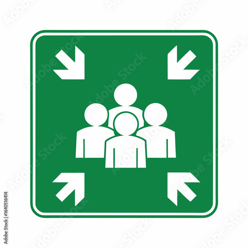 Isolated square green sign group of people gather for assembly point zone signage
