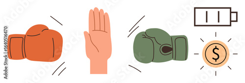 Boxing gloves in opposition, raised hand for peace, battery icon for energy, and dollar coin for reward. Ideal for teamwork, negotiation, energy management, success, productivity motivation