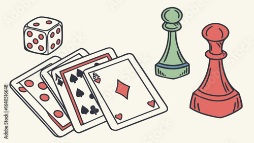 Hand drawn illustration of board games playing cards dice and game pieces for fun and entertainment time