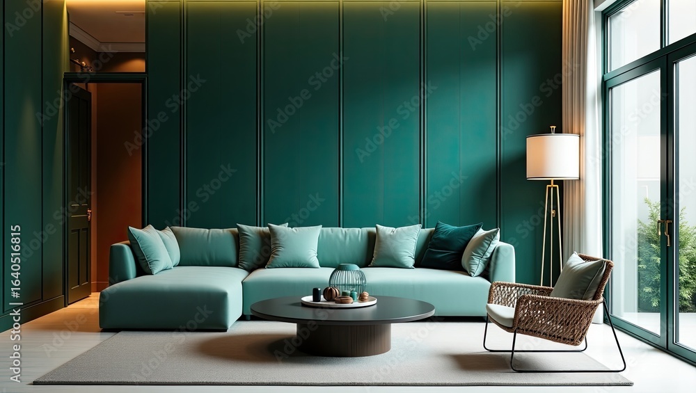 Obraz premium Teal living room with modern furnishings.