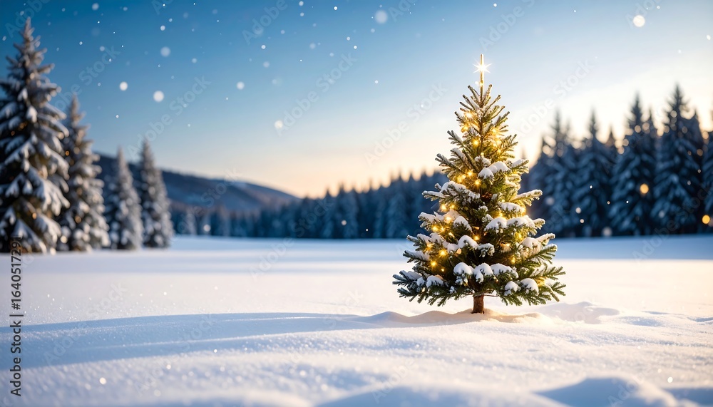Naklejka premium A snow-covered field with a lit Christmas tree at sunrise