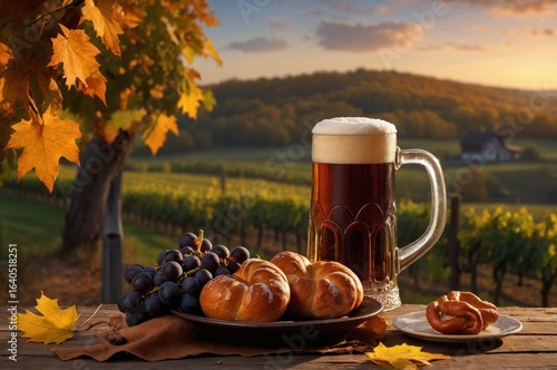 Rustic Autumn Harvest Still Life with Beer, Wine Grapes & Pretzels