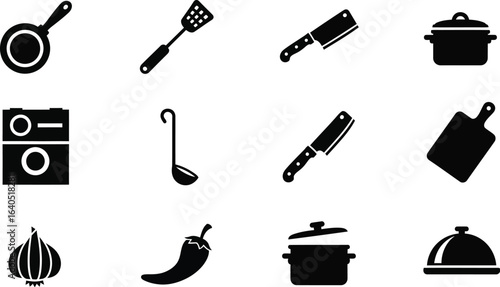 Kitchen utensils and cooking tools vector icon set black and white