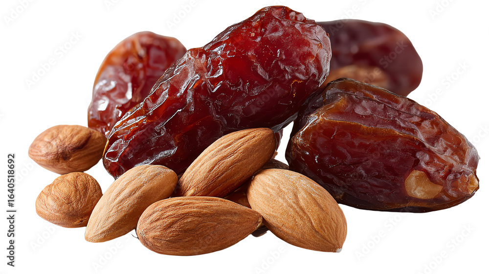 A close-up view of fresh dates and almonds, showcasing their rich textures and colors, perfect for healthy snack ideas. A close-up view of fresh dates and almonds, showcasing their rich textures and colors, perfect for healthy snack ideas.