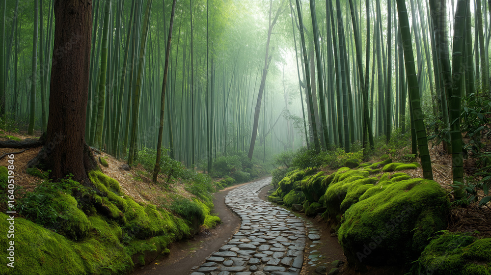 Fototapeta premium Curving Path in Misty Bamboo Grove