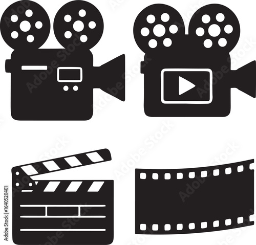Movie camera and film reel icon for cinema and video production
