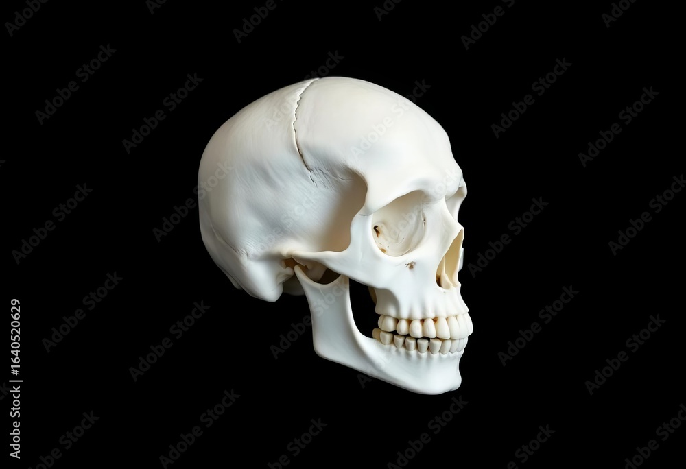 Naklejka premium Clean, stark white skull against pure black background, white, science