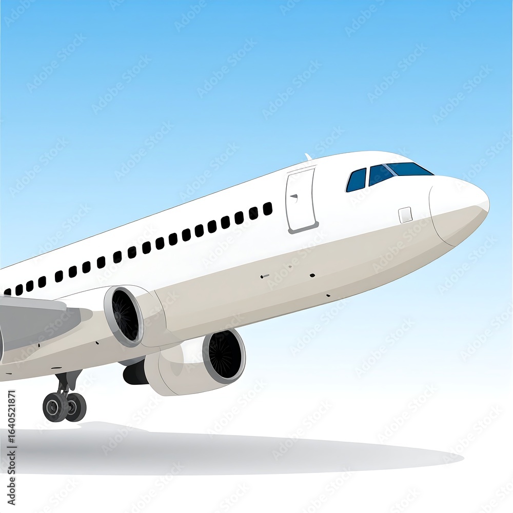 Obraz premium Low-angle view of a white passenger jet descending against a clear blue sky