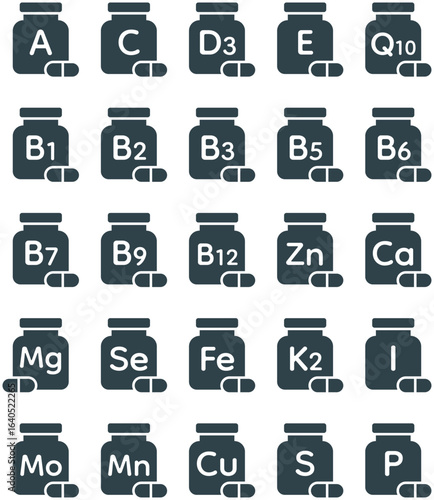 vitamin and mineral complex for human health icons set, micro and macro elements