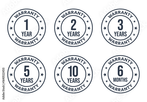 1, 2, 3, 5, 10 years warranty icon set, 6 months warranty label