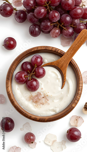 Yogurt in a wooden cup with grapes.