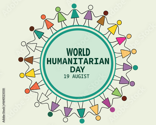 World Humanitarian Day -19 August - horizontal banner template. Arms raised up silhouettes in front of the world map. Recognizing people working and lost their lives humanitarian causes.