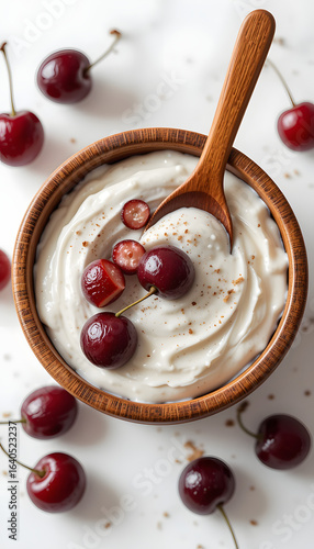 Yogurt in a wooden cup with cherries.
