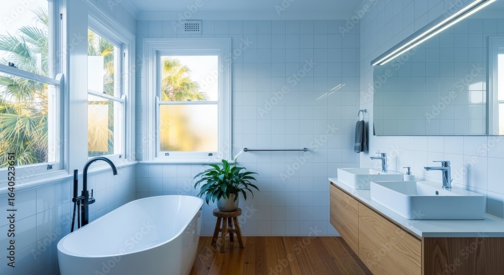 Fototapeta premium Bright and Modern Bathroom Interior with Bathtub, Double Sink Vanity and Natural Light