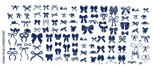 Simple hand drawn ribbon bow collection silhouette. Black color shape. Bowknot for decoration, big set of bowtie