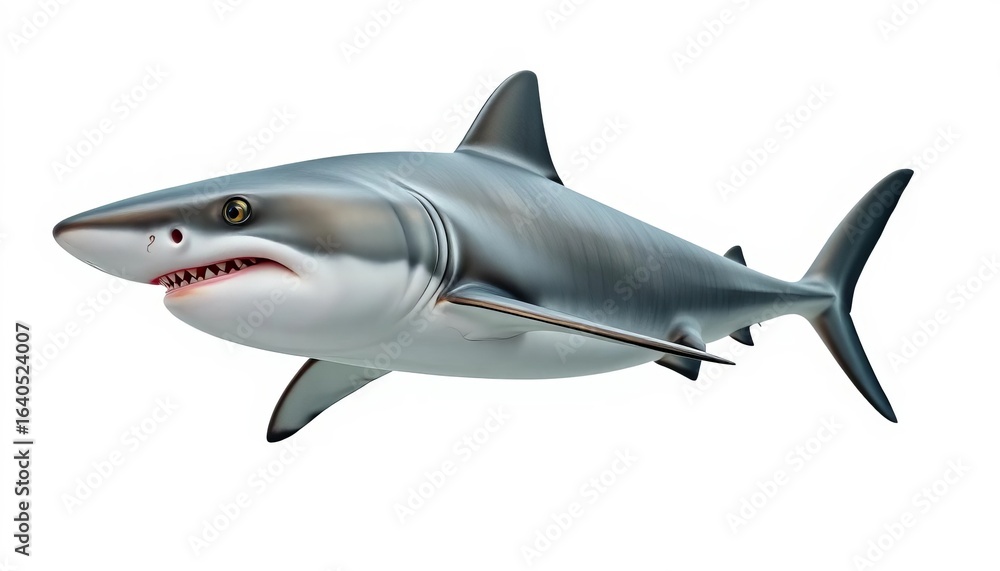 Fototapeta premium A sleek, grey shark isolated against a pure white background, dorsal fin, white background