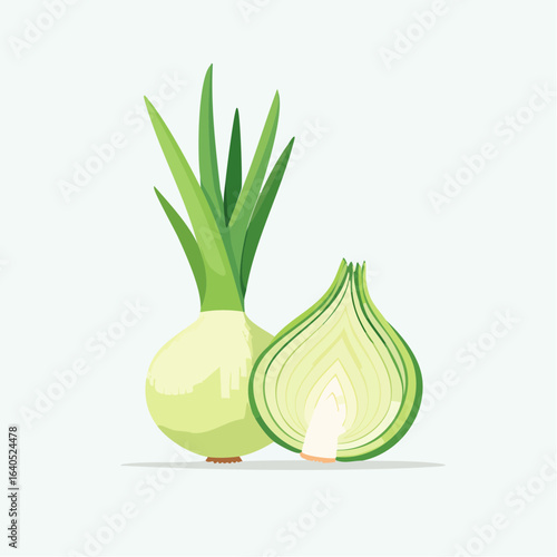 Spring onion, whole and cut in half, vector illustration, flat design, clean lines, white background, minimal style
