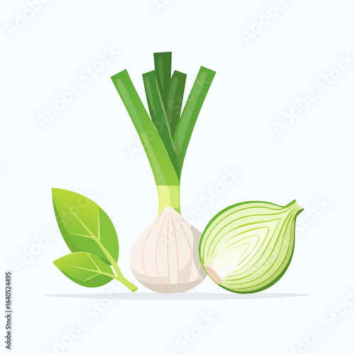 Spring onion, whole and cut in half, vector illustration, flat design, clean lines, white background, minimal style