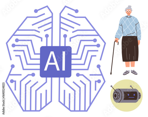 AI circuit design, elderly woman with walking stick, assistive robot. Ideal for technology, AI in healthcare, elder care, robotics, innovation, human-robot interaction simple flat metaphor