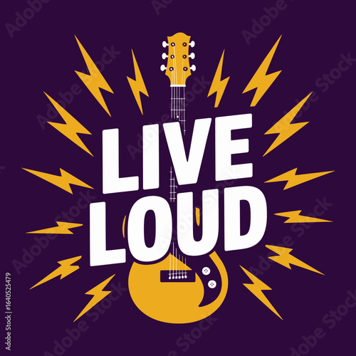 Live Loud graphic design with electric guitar and lightning bolts on a dark purple background