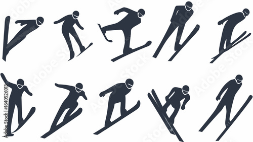 Silhouette illustrations showing different poses of ski jumpers in action on a white background design
