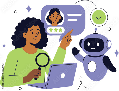 Search concept. Character using artificial intelligence generative tools for searching or browsing internet. Woman integrating with robot. SEO concept. Vector illustration