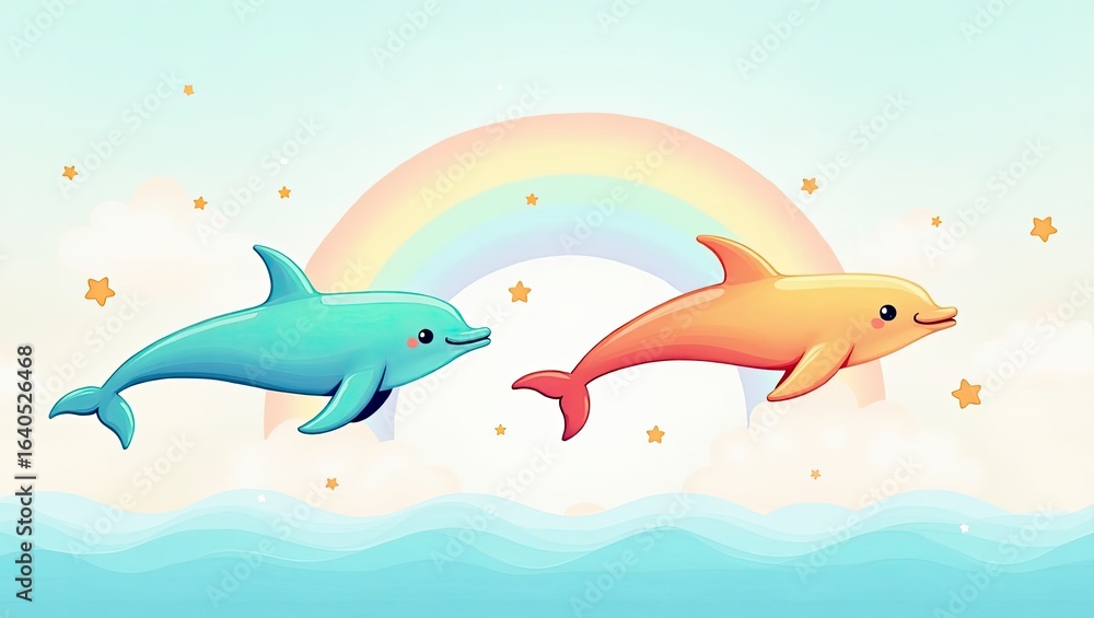 Fototapeta premium Two playful dolphins leap through the sky.