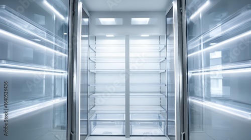 Empty Refrigerator Interior with Glass Shelves and LED Lighting, Offering Ample Storage Space